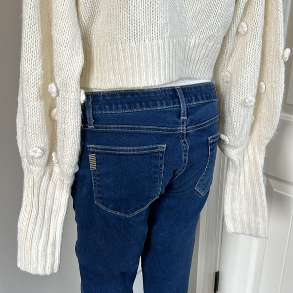 Farm Rio Floral Applique Lantern Sleeve Sweater Cream Mock Neck Trendy Sz S - Picture 9 of 16